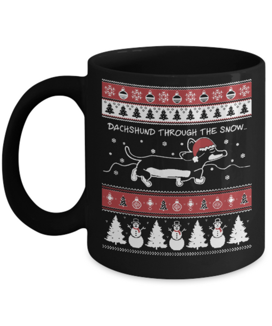 Peets coffee k cups christmas blend , Dashchund through the snow - Black Coffee Mug Porcelain Tea Cup 11 oz - Great Gift