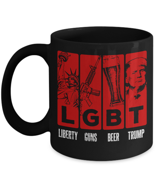 Trump 2020 Flag mugs, Liberty Guns Beer Trump - Funny Black Porcelain Coffee 11 oz