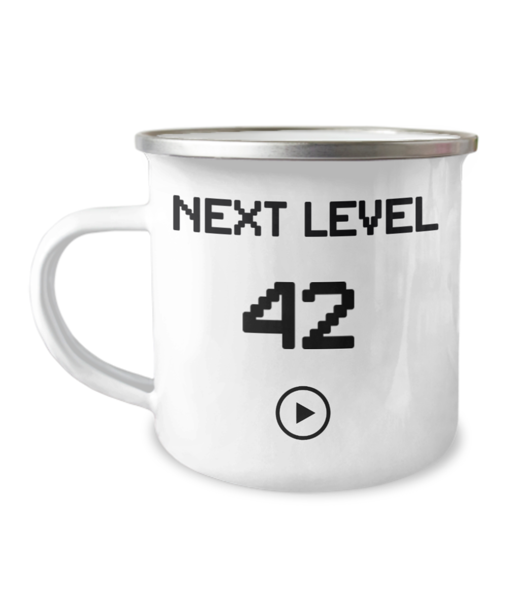 42nd Birthday Special Gift Coffee Mug, Next Level 42, Gamer Coffee Mug, Birthday Mug- 12 Oz Stainless Steel Enamel Finish White Camper Coffee Mug