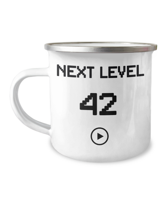 42nd Birthday Special Gift Coffee Mug, Next Level 42, Gamer Coffee Mug, Birthday Mug- 12 Oz Stainless Steel Enamel Finish White Camper Coffee Mug