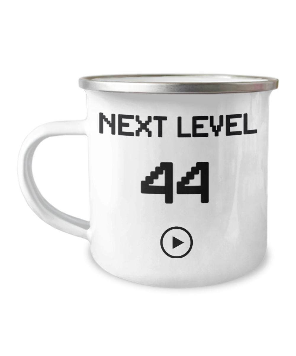 44th Birthday Special Gift Coffee Mug, Next Level 44, Gamer Coffee Mug, Birthday Mug- 12 Oz Stainless Steel Enamel Finish White Camper Coffee Mug