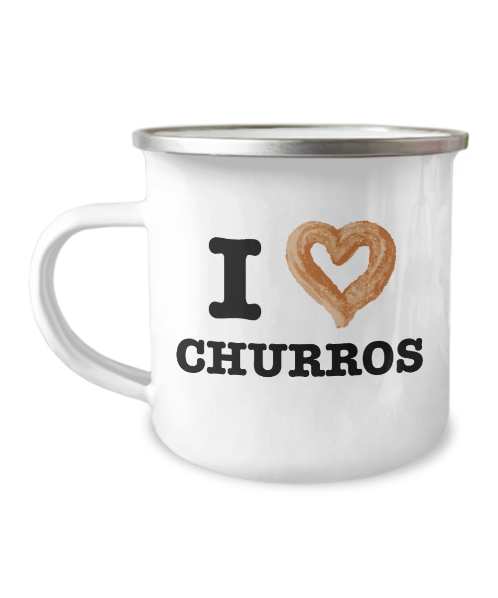 Beer Food Lovers Coffee mugs , I Love Churros-12 Oz Stainless Steel Enamel Finish White Camper Coffee Mug