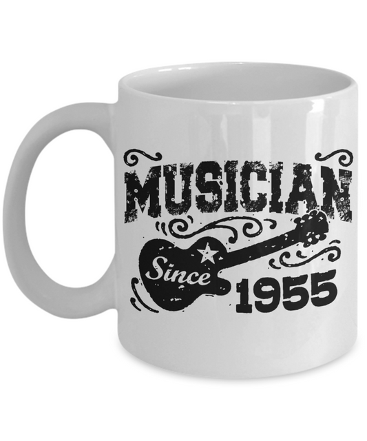Music Lover Gift Coffee Mug, Musician Since 1955-White Porcelain Coffee Mug 11 oz For Father, Mother, Brother, Sister, drummer, Music Lover, Music Teacher,Birthday, Born In 1955
