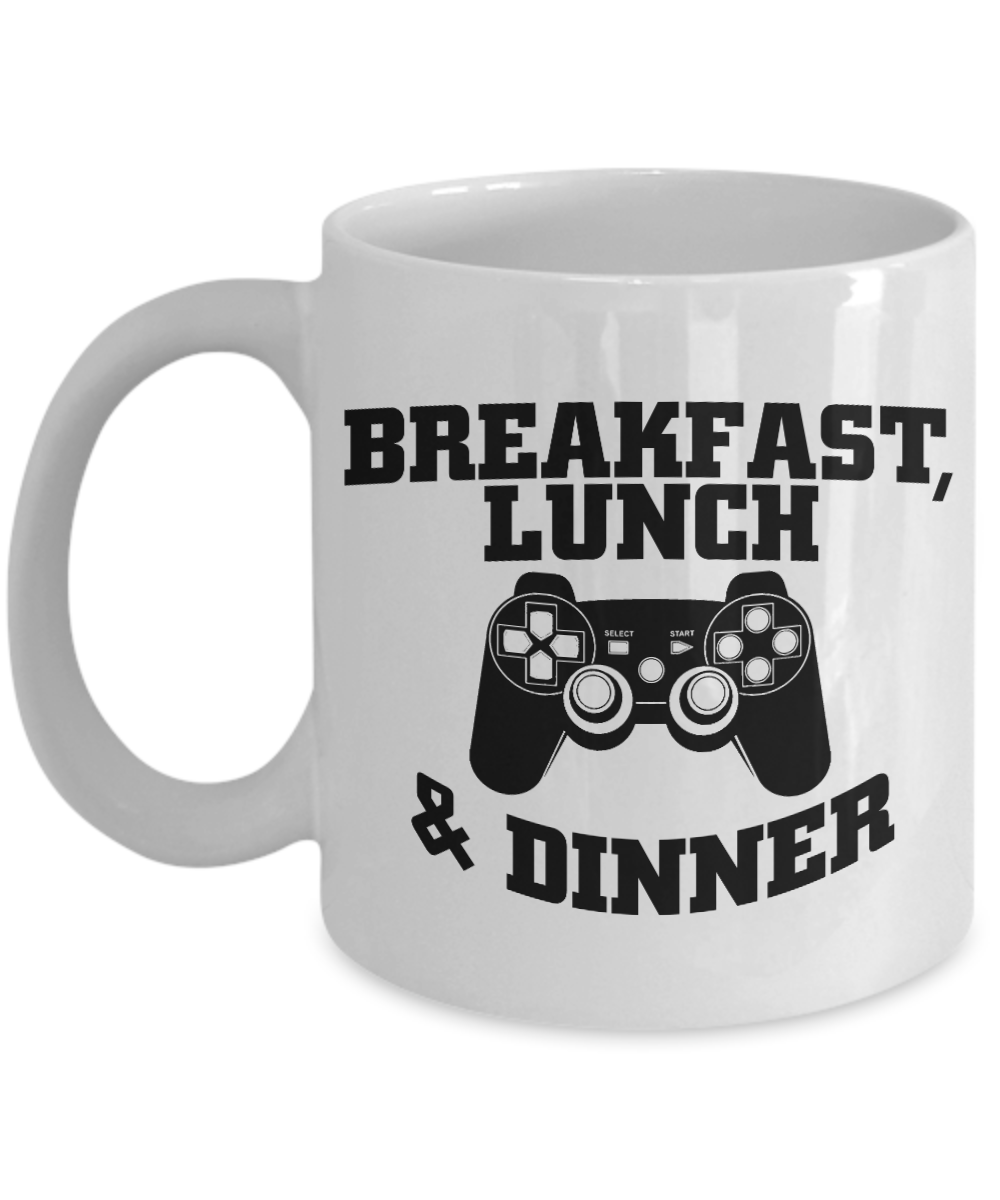 Retro Gamer Gift Coffee Mug, Breakfast, Lunch, Game & Dinner-White Porcelain Coffee Mug 11 oz For Sister,Brother,Friend,Gamer