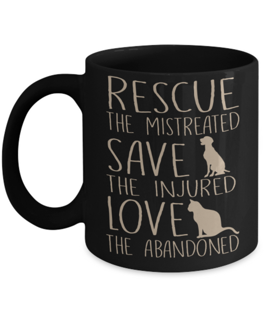 Gift gor dog lovers , Rescue Save Love - Black Coffee Mug Porcelain Tea Cup 11 oz - Great Gift