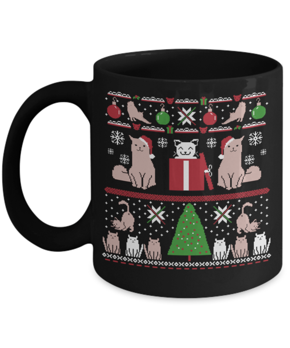 Gift gor cat lovers , Christmas Cats - Black Coffee Mug Porcelain Tea Cup 11 oz - Great Gift