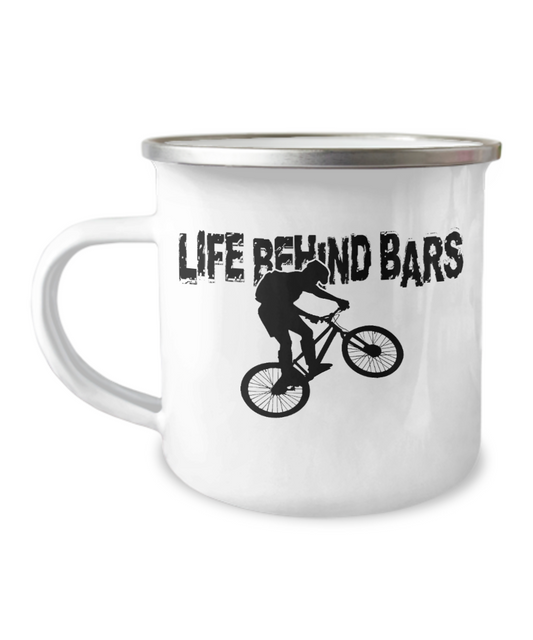 Life Behind Bars coffee mugs for cyclist and cycle lovers -12 Oz Stainless Steel Enamel Finish White Camper Coffee Mug