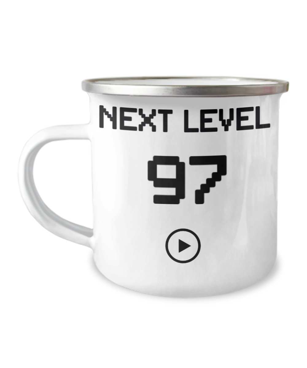 97th Birthday Coffee Mug, Next Level 97, Gamer Coffee Mug, Birthday Mug- 12 Oz Stainless Steel Enamel Finish White Camper Coffee Mug