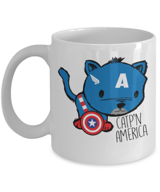 Gift gor cat lovers , Catp'n America - White Coffee Mug Porcelain Tea Cup 11 oz - Great Gift