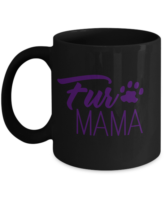 Dog Mom Coffee Mug, Fur Mama - Black Porcelain Coffee Mug 11 Oz For Dog Lover, Dad, Mom
