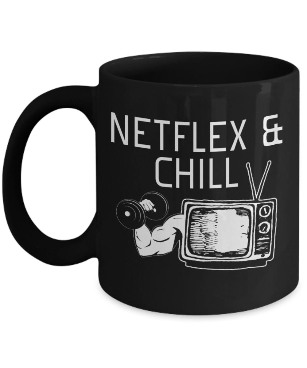 Netflex Lovers Mugs , Netflex & Chill - Black Coffee Mug Porcelain Tea Cup 11 oz - Great Gift