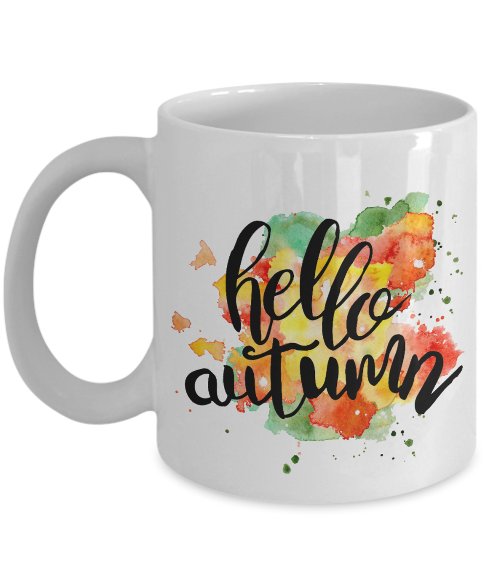 Hello Autumn Coffee Mug Watercolor Motivational Quotes -  Premium 11 oz White coffee cup