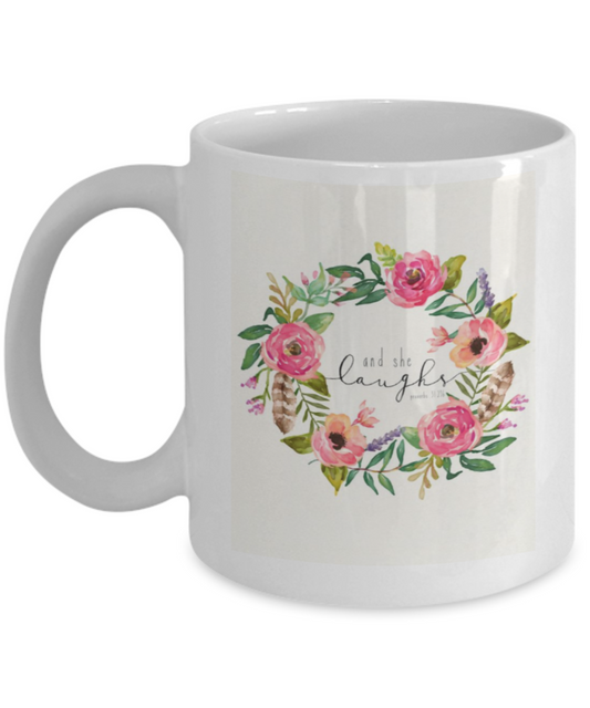 Bible verse mugs for women , And she laughs - White Coffee Mug Porcelain Tea Cup 11 oz - Great Gift