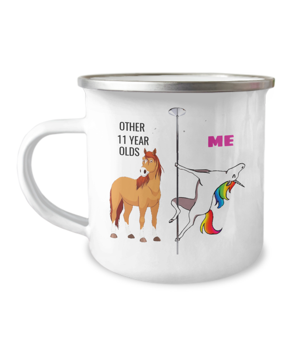 11th Birthday Unicorn Camper  Coffee Mug - Other 11 Year Olds Me Unicorn Coffee Mug -12 Oz Stainless Steel Enamel Finish White Camper Coffee Mug