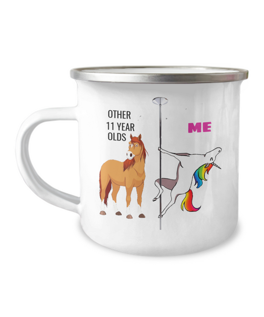 11th Birthday Unicorn Camper  Coffee Mug - Other 11 Year Olds Me Unicorn Coffee Mug -12 Oz Stainless Steel Enamel Finish White Camper Coffee Mug