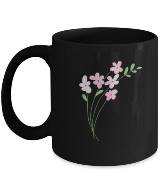 Bouquet Sprigs Pink 2 Textured Black Mugs - Funny  Black coffee mugs 11 oz