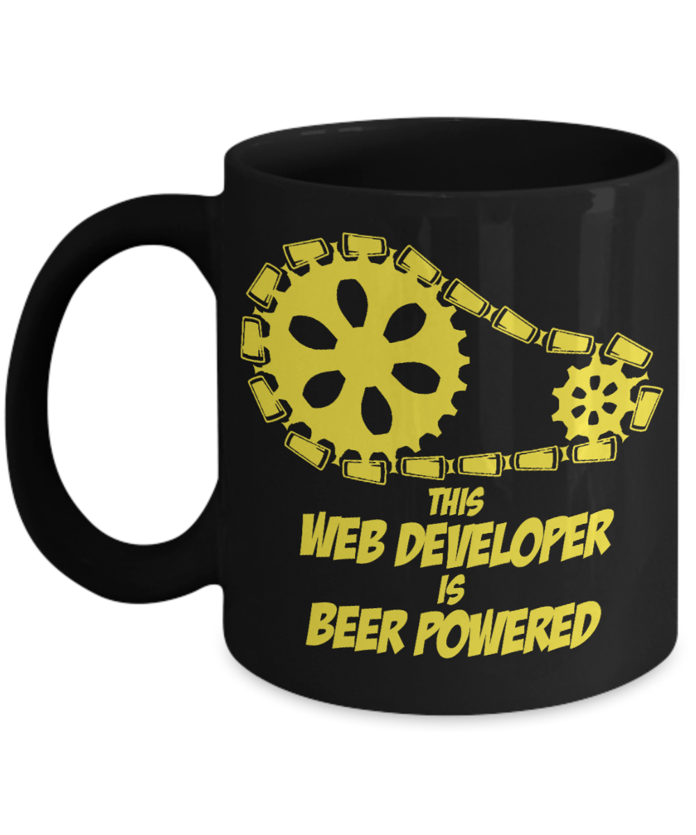 Computer Geek Gift Coffee mug, This Web Developer Is Beer Powered -Black Porcelain Coffee Mug 11 oz for Software, Web, Developer, Programmer, Computer Engineer, App Developer