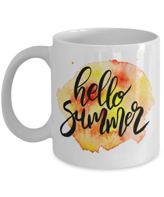 Hello Summer Coffee Mug Watercolor Motivational Quotes -  Premium 11 oz White coffee cup