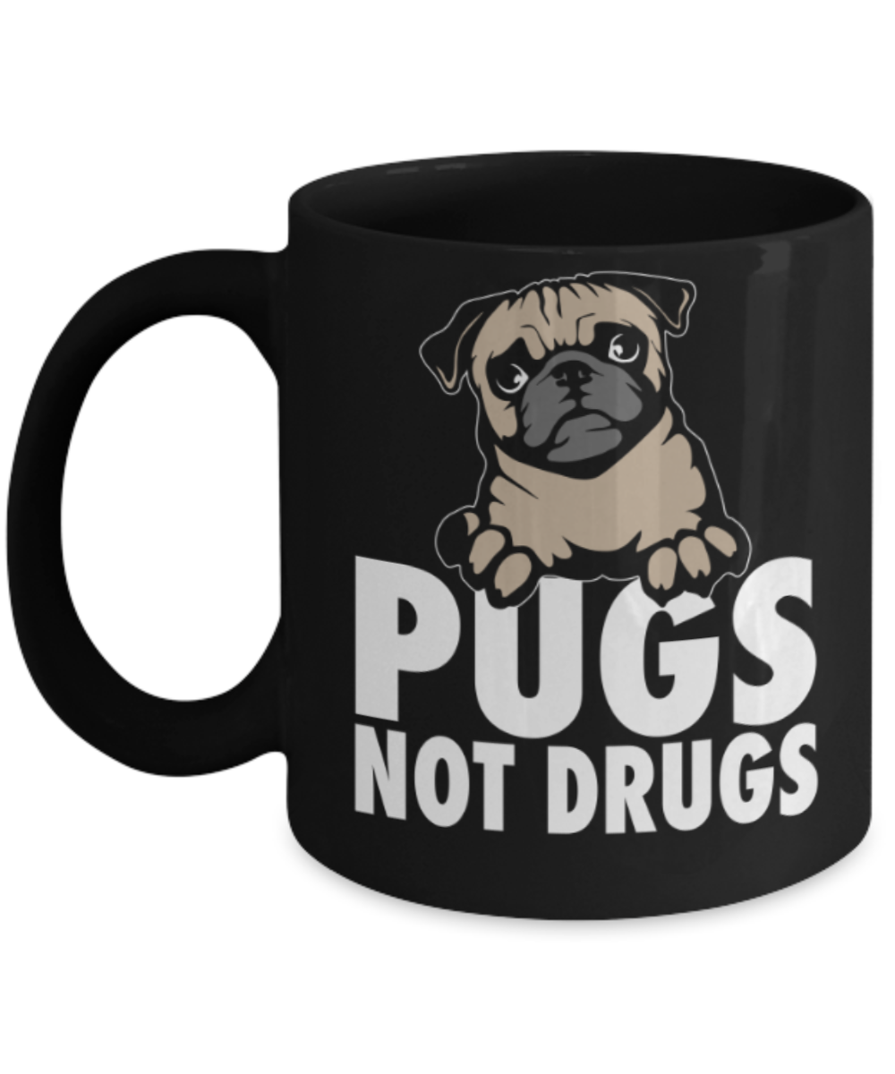 Gift gor dog lovers , Pugs not drugs - Black Coffee Mug Porcelain Tea Cup 11 oz - Great Gift