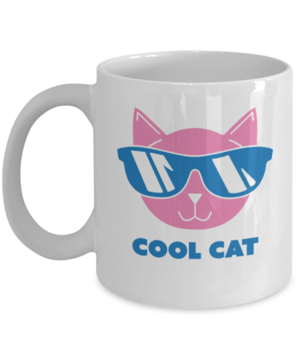 Cat Lovers Gifts , Cool Cat - White Coffee Mug Porcelain Tea Cup 11 oz - Great Gift