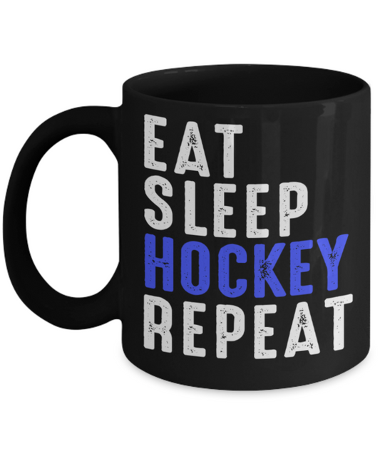 Hockey Lovers mugs, Eat Sleep Hockey Repeat - Funny Black Porcelain Coffee 11 oz