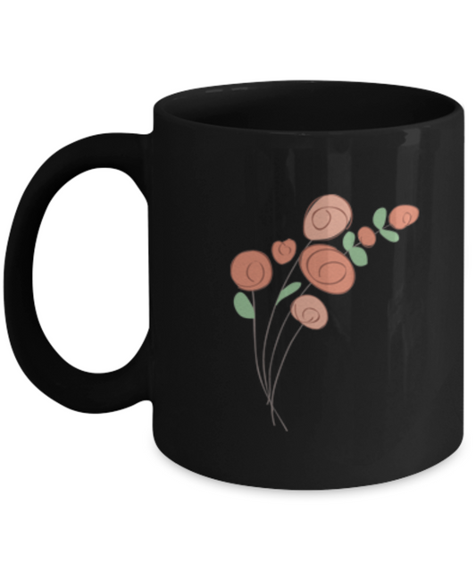 Bouquet Roses Sprigs Textured Black Mugs - Funny Black coffee mugs 11 oz