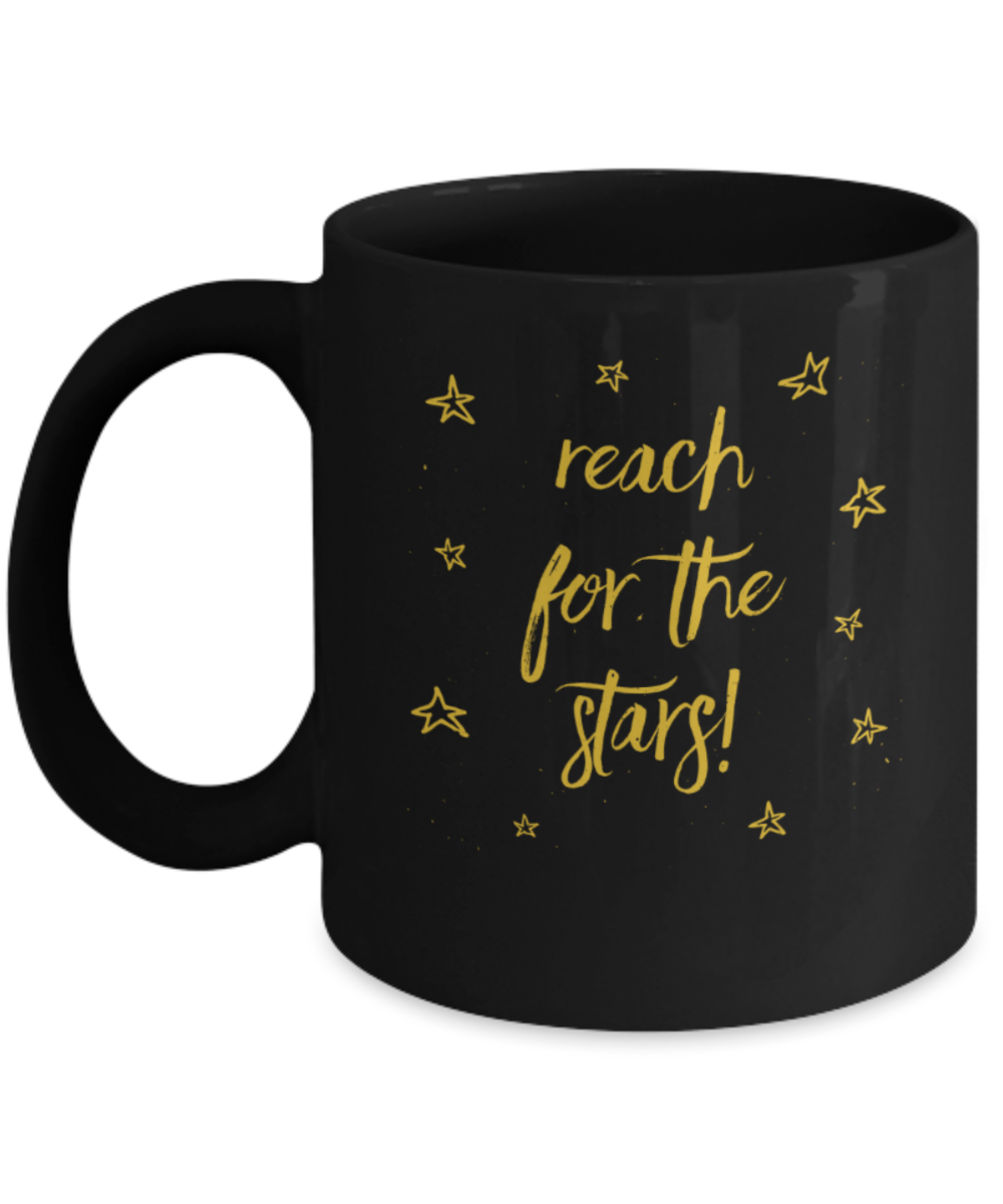 Success Lovers Mugs, Reach for the Stars - Funny Black Porcelain Coffee 11 oz