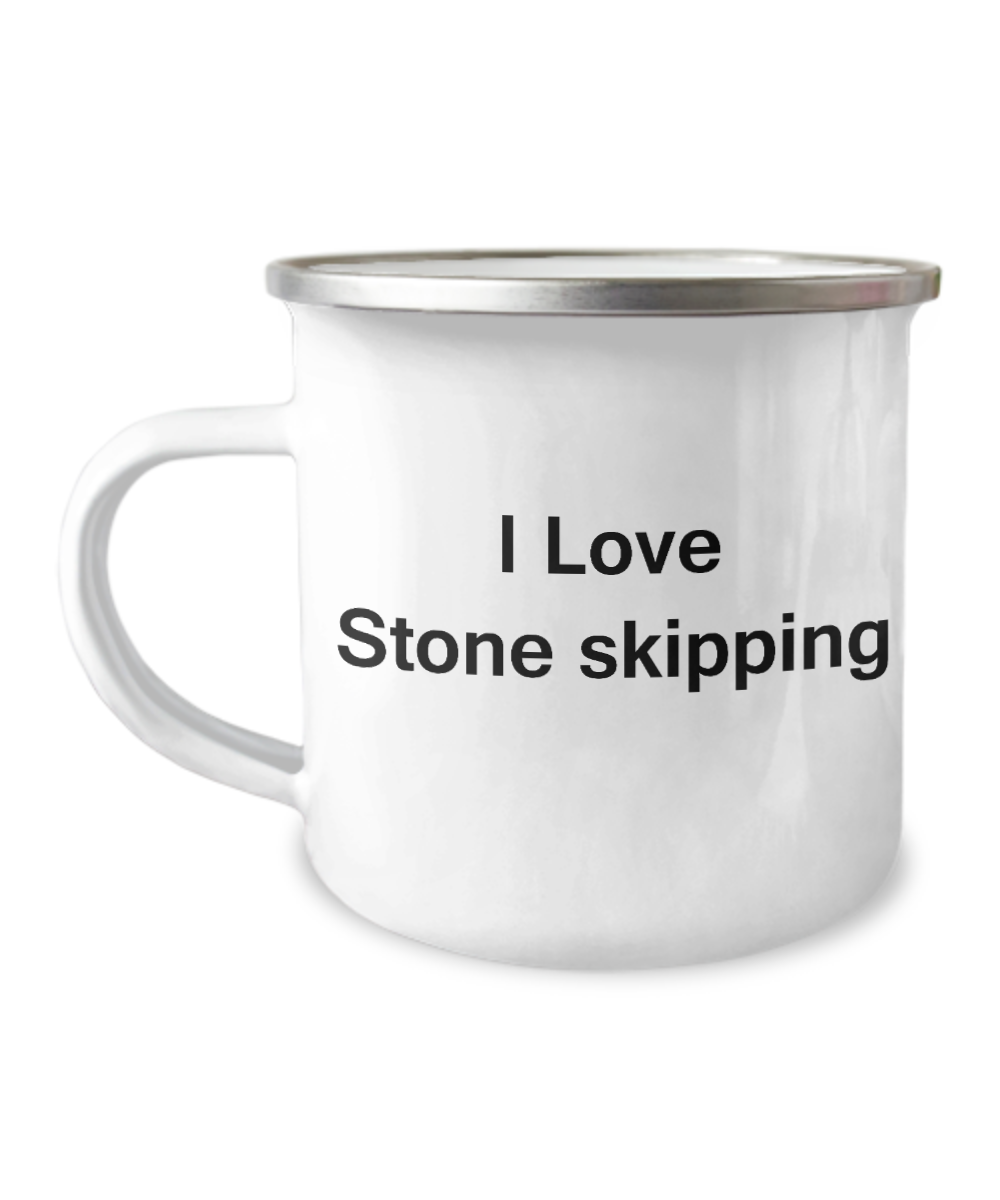 I Love Stone Skipping coffee mug - White Funny Coffee Mug-12 Oz Stainless Steel Enamel Finish White Camper Coffee Mug