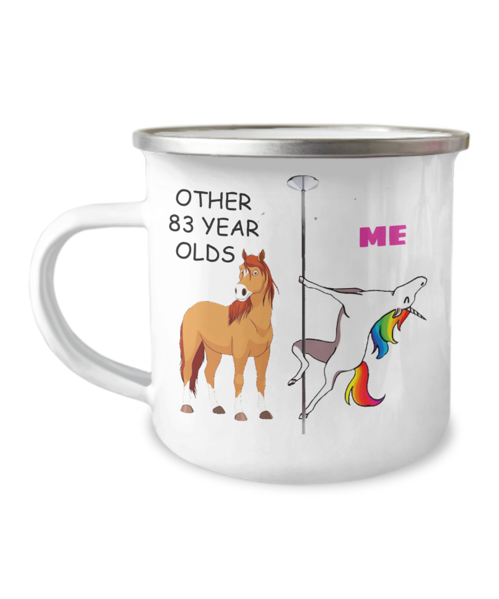 83rd Birthday Unicorn Camper Coffee Mug - Other 83 Year Olds Me Unicorn Coffee Mug -12 Oz Stainless Steel Enamel Finish White Camper Coffee Mug