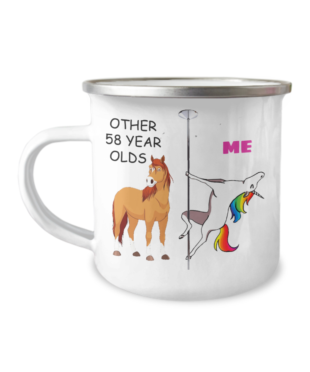 58th Birthday Unicorn Camper Coffee Mug - Other 58  Year Olds Me Unicorn Coffee Mug -12 Oz Stainless Steel Enamel Finish White Camper Coffee Mug