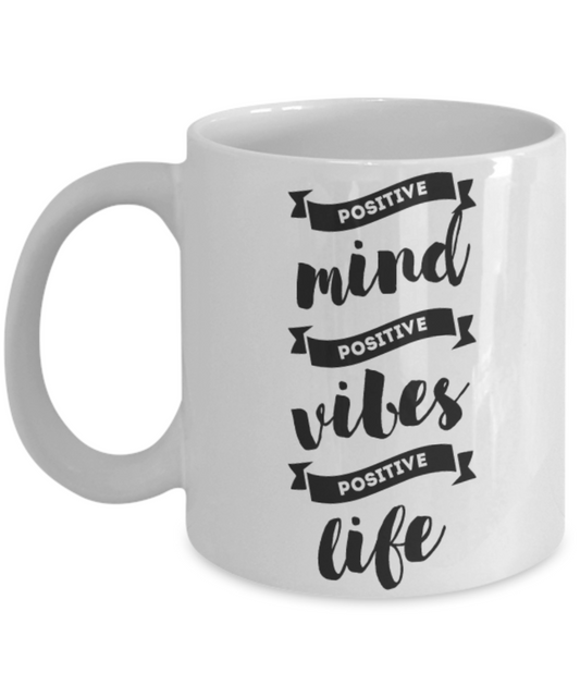 Mind Vibes Positive Life Letters on Funny Ceramic Mug, 11 oz, White