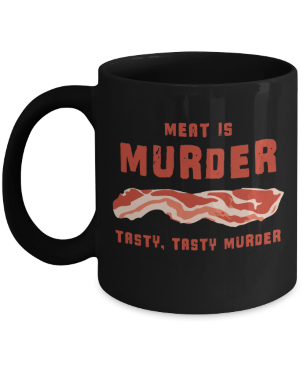 Food Lovers mugs , Meat is Murder - Black Coffee Mug Porcelain Tea Cup 11 oz - Great Gift