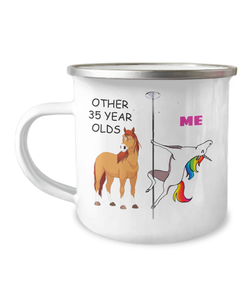 35th Birthday Unicorn Camper Coffee Mug - Other 35 Year Olds Me Unicorn Coffee Mug -12 Oz Stainless Steel Enamel Finish White Camper Coffee Mug