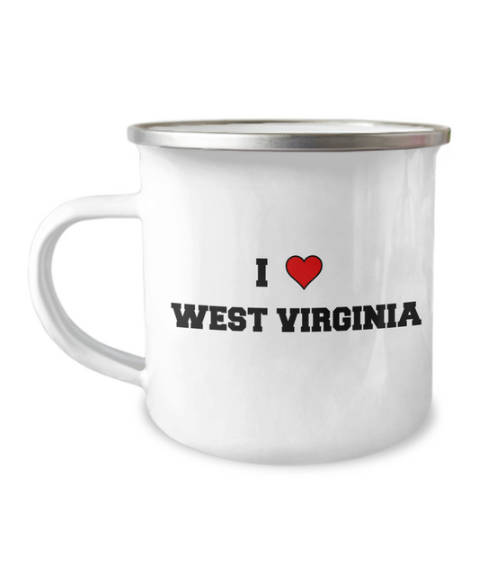 I Love West Virginia Camper Coffee Mugs- 12 Oz Stainless Steel Enamel Finish White Camper Coffee Mug
