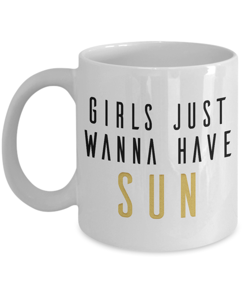 Beach Lover Coffee Mug, Girls Just Wanna Have Sun-White Porcelain Coffee Mug 11 oz for camper,beach, outdoor, surfing, camping, cup
