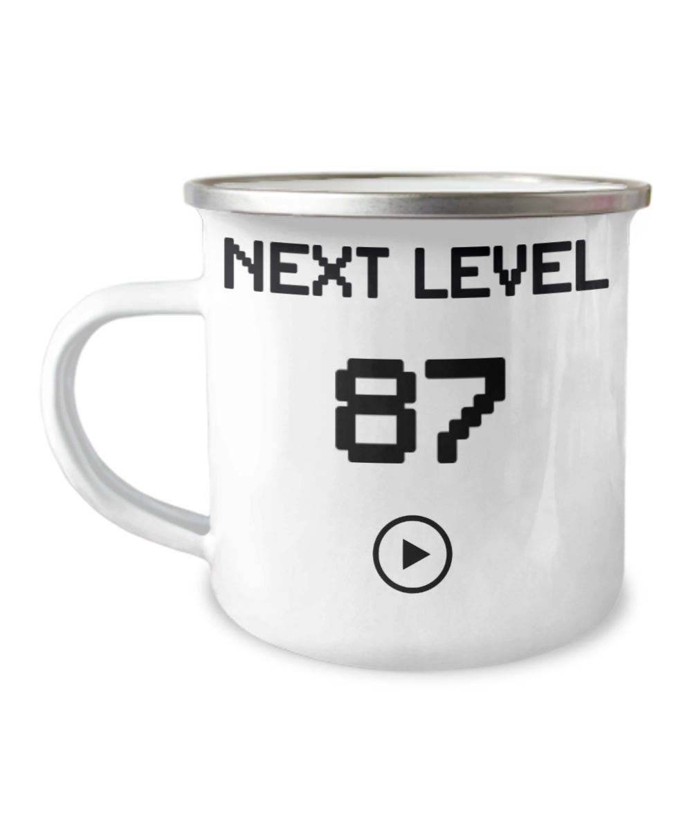 87th Birthday Coffee Mug, Next Level 87, Gamer Coffee Mug, Birthday Mug- 12 Oz Stainless Steel Enamel Finish White Camper Coffee Mug