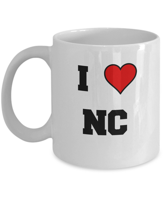 North Carolina Mug, I Love North Carolina NC Abbreviation USA States Ceramic Coffee Mug Tea Cup Gifts Mugs 11 oz Funny Mugs