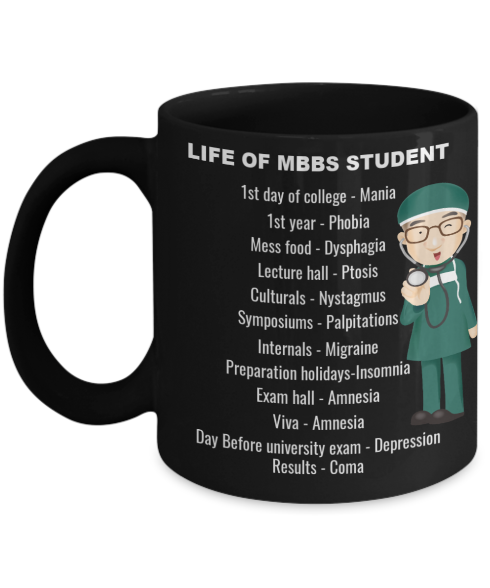 Med school mugs, Life of MBBS student - Black Porcelain Coffee 11 oz