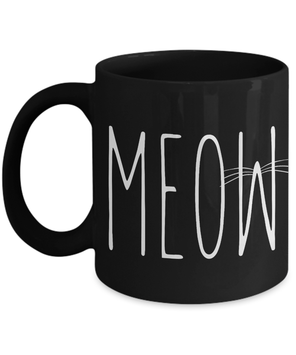 Cat Lover Coffee Mug, MEOW- Black Porcelain Coffee Mug 11 Oz for cat lover, mom, dad