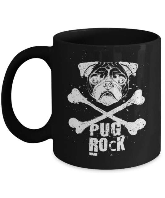 Gift gor dog lovers , Pug Rock - Black Coffee Mug Porcelain Tea Cup 11 oz - Great Gift