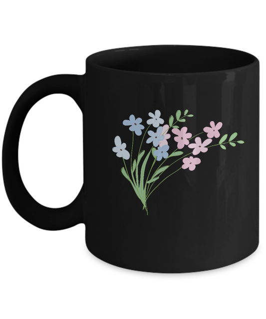 Bouquet Pink Blue Smooth Black Mugs - Funny Black coffee mugs 11 oz