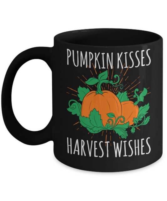 Pumpkin Lovers Mugs , Pumpkin kisses - Black Coffee Mug Porcelain Tea Cup 11 oz - Great Gift