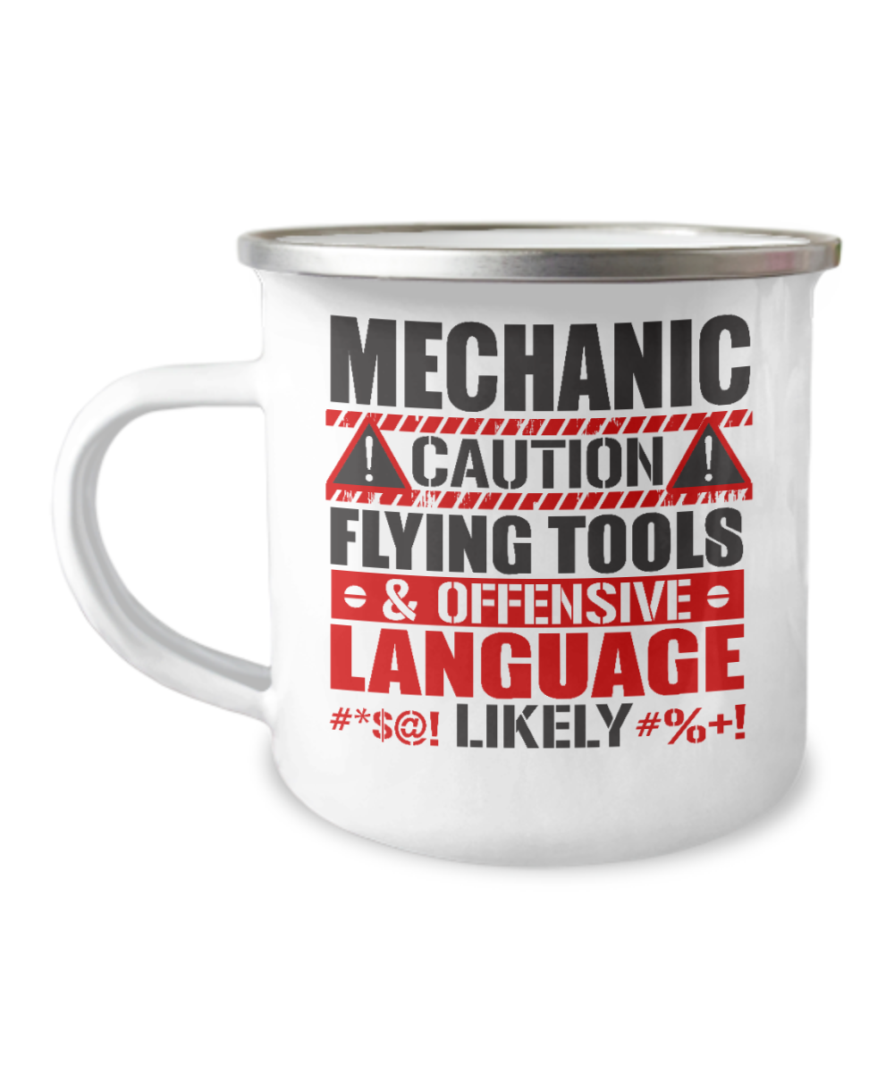 Mechanic Gift Coffee Mug, Caution Flying Tools And Offensive Language -12 Oz Stainless Steel Enamel Finish White Camper Coffee Mug