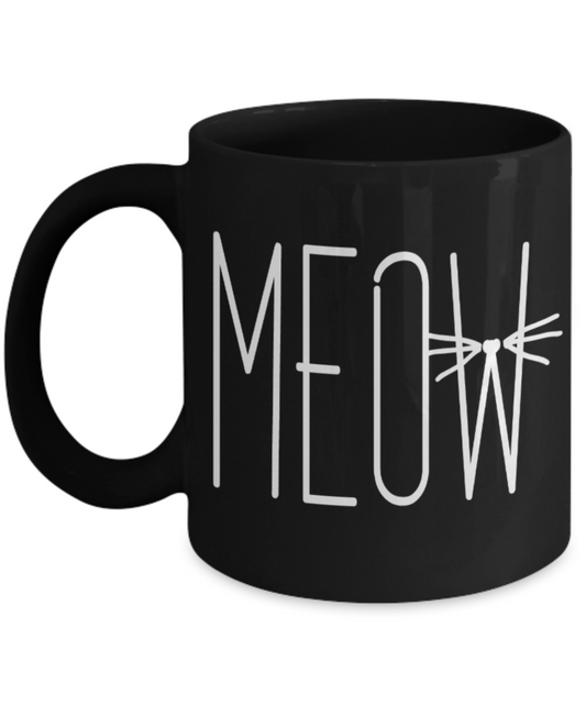 Dog Lovers Gifts , Meow - Black Coffee Mug Porcelain Tea Cup 11 oz - Great Gift