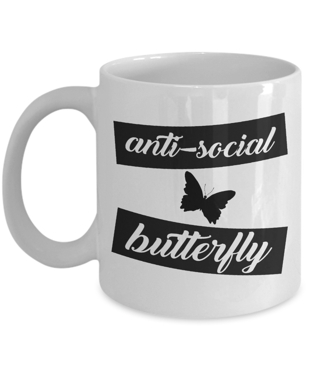 Butterfly Coffee Mug, Anti Social Butterfly - White Porcelain Coffee Mug 11 Oz