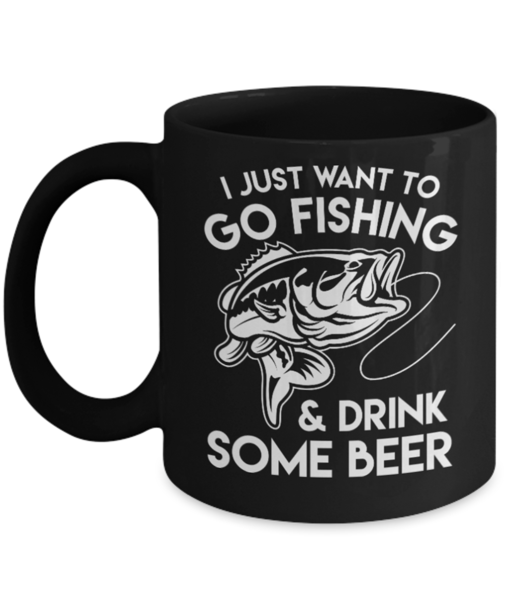 Beer Lovers Gifts , Fishing and Beer - Black Coffee Mug Porcelain Tea Cup 11 oz - Great Gift