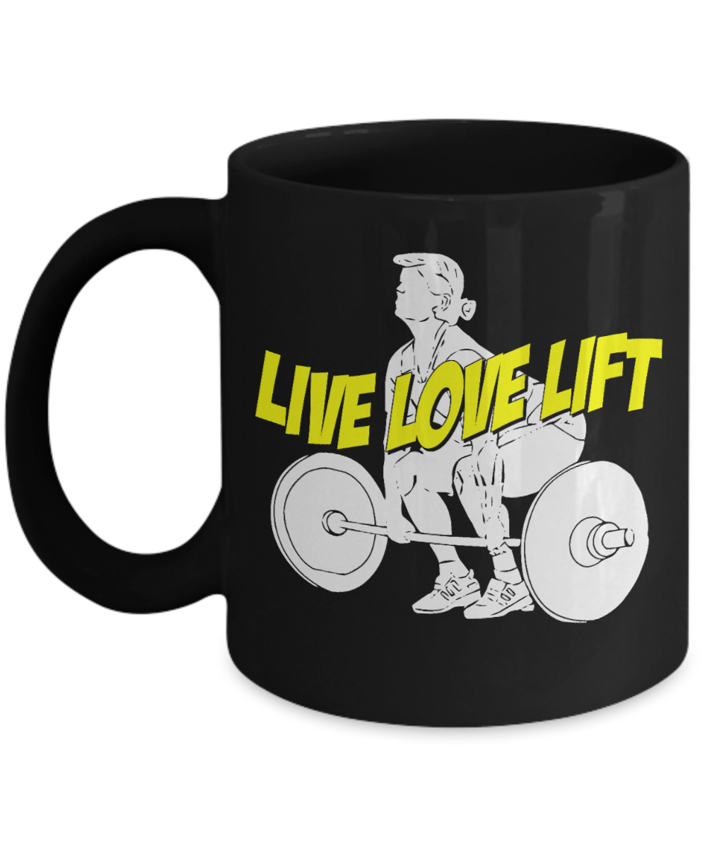 Workout Gift Coffee Mug, Live Love Weight Lift -Black Porcelain Coffee Mug 11 oz For Bodybuilder, Weight Lifter,Fitness Freak, For Him, Dad