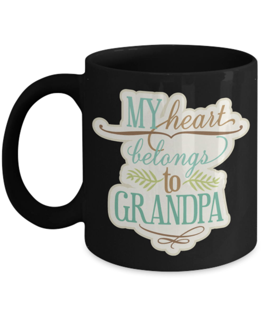 My Heart belongs GRANDPA Coffee Mug - Black Porcelain Coffee Cup,Premium 11 oz Black coffee cup