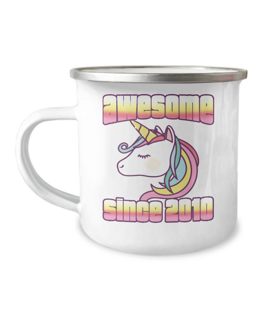 11th Birthday Unicorn Gift Coffee Mug, Awesome Since 2010 -12 Oz Stainless Steel Enamel Finish White Camper Coffee Mug