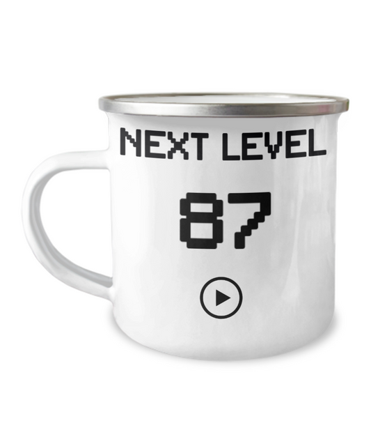 87th Birthday Coffee Mug, Next Level 87, Gamer Coffee Mug, Birthday Mug- 12 Oz Stainless Steel Enamel Finish White Camper Coffee Mug